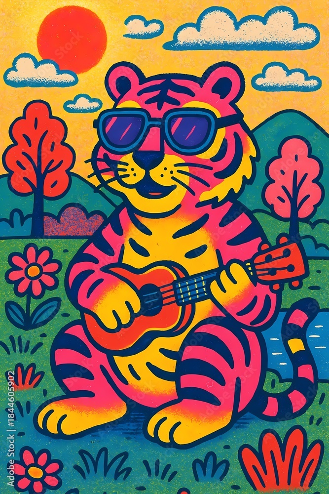 Fototapeta premium A vibrant, cartoon-style illustration depicts a cool tiger wearing sunglasses, happily playing a ukulele amidst a colorful, textured natural landscape.