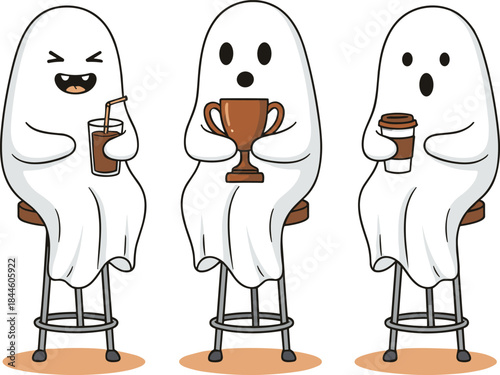 Cute Cartoon Vector Illustration of Three Ghost Friends Sitting on Stools, Drinking Beverages, and Holding a Winning Trophy