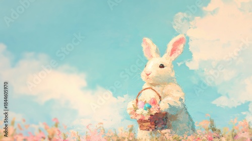 Bunny with basket in a field during springtime with blue sky