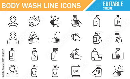 Personal care line icons including soap, shampoo, and washing hands.