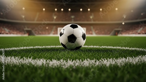 Soccer ball on green football field inside stadium with dramatic lighting representing professional match sport competition and championship atmosphere