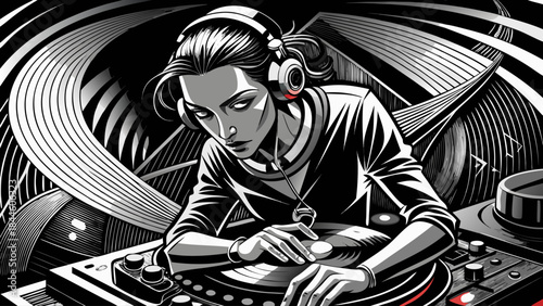 Very beautiful monochrome vector illustration of a disc jockey playing music, minimalistic composition, strong contrast, clean lines, and expressive posture emphasizing rhythm and sound control.