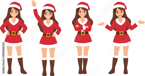 Four diverse women dressed as Santa's helpers in red outfits with white trim santa helper christmas