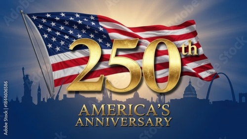 Epic America's 250th anniversary design with monumental gold text and waving US flag. Patriotic semiquincentennial banner with national landmarks silhouettes for Independence Day 2026.