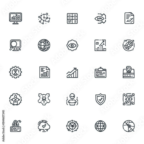 Black business and finance icons set featuring vector symbols for computer network web internet website phone document camera car video and travel illustration signs
