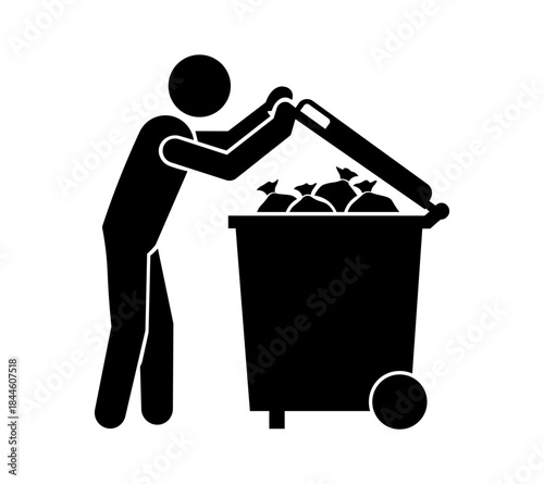 Stickman Opening Front Dumpster Searching for Food, Poverty and Hunger Concept.