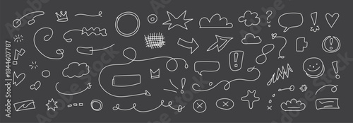 Pencil hand drawn crayon line element set. Hand drawn scribble chalk pencil stroke arrow, speech,  highlight scribble set. Cute swoosh, crown, speech bubble doodles. Vector illustration