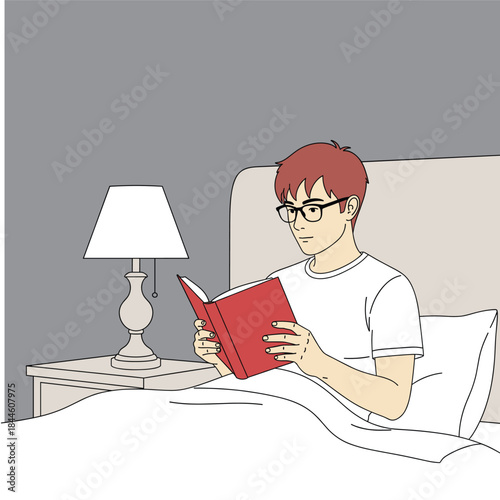 Vector Illustration of Man Wearing Glasses Reading a Red Book in Bed, Symbolizing Relaxation, Education, and Mental Wellness at Night