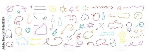 Hand drawn doodle sketch style circle, cloud speech bubble grunge element set. pencil highlight. Arrow, star, heart decoration. Vector illustration