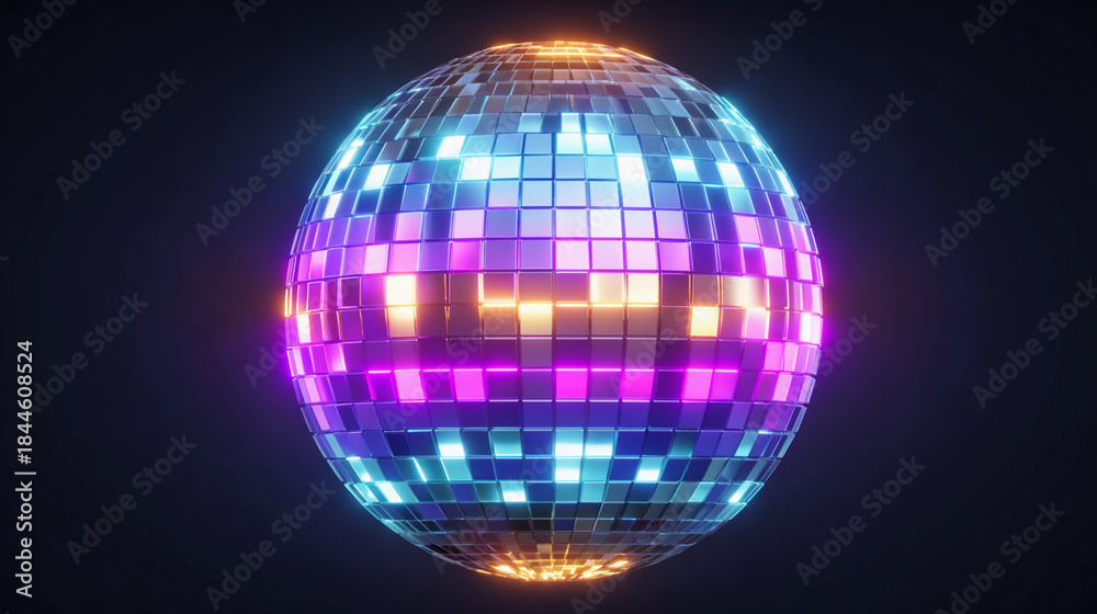 Obraz premium Disco ball rotates and reflects colorful lights in dark space