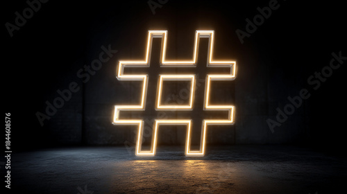 Neon hashtag symbol in dark space with glowing lights