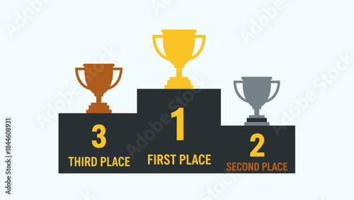 3D illustration of a gold trophy cup on a winner podium representing first place success and sports victory achievement isolated on a white background