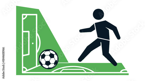 A 3d vector illustration shows a green football field where a soccer player silhouette athlete in action kicks the ball to score a goal during a competitive match