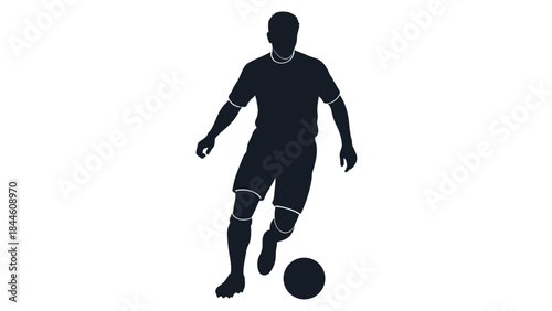 A black vector illustration of a male or female soccer player silhouette in action running with a ball during a competitive sports game