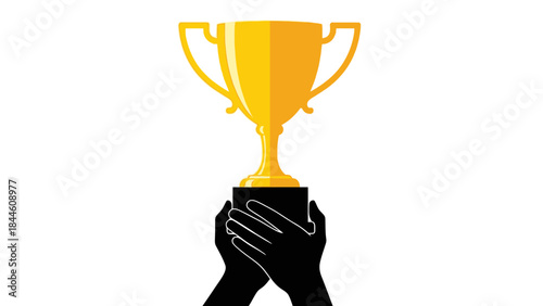 Female hand holding a golden trophy cup award for champion victory and first place sport achievement success illustration
