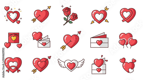 Love Symbols: An array of artistic hearts and love-themed elements are shown, representing various concepts of affection and romance. These are vibrant expressions of passion and connection.