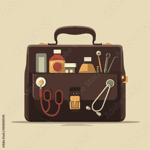 A flat concept illustration of a doctor's bag and medical items