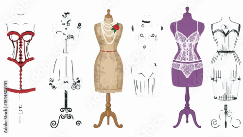 Collection of Vintage Lingerie and Fashion Mannequin Dress Form Vector Illustrations