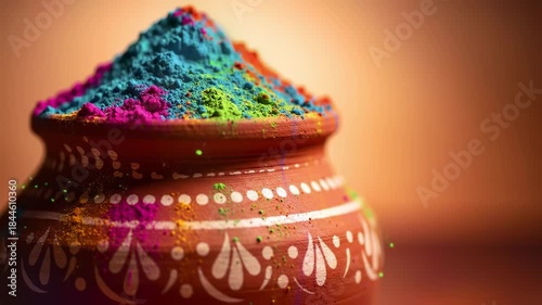 Colorful powder fills a decorated clay pot, casting vibrant hues against a warm, blurred backdrop