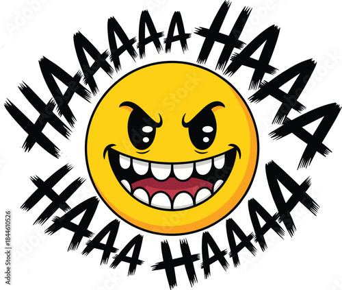 Cartoon Vector Emoji Character Laughing Evilly with Brush Stroke HA HA Typography, Ideal for Humor, Mischief, and Comic Effect