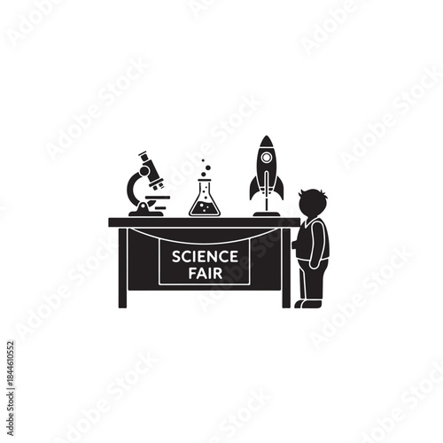 Science Fair Table with Student and Experiments Silhouette Vector