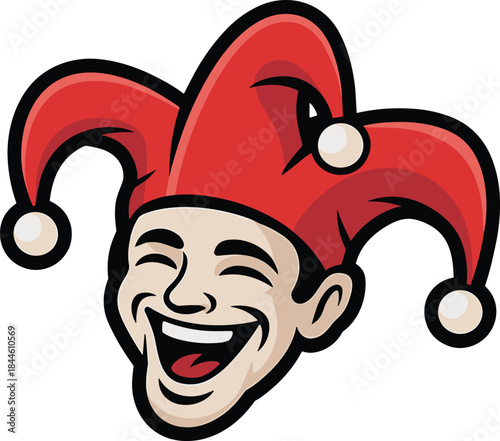 Cute Cartoon Vector Mascot Head of a Man Laughing Loudly Wearing a Red Jester or Fool's Hat and Cap