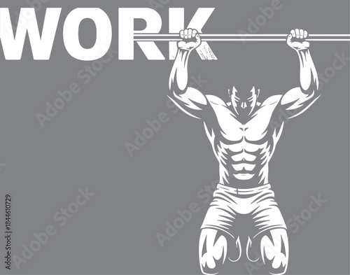 Vector Illustration of Muscular Bodybuilder Character Doing Pull-Ups or Chin-Ups, Symbolizing Strength, Intense Workout, and Fitness