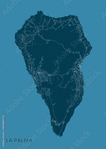 Map of La Palma island, rendered in a dark teal color against a lighter teal background. The island's shape is clearly defined, with intricate white lines representing roads and possibly rivers