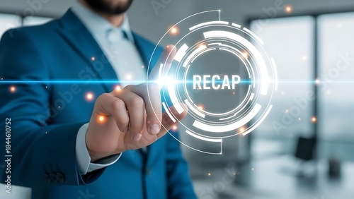 Businessman activates digital recap screen to review important information and summarize key points