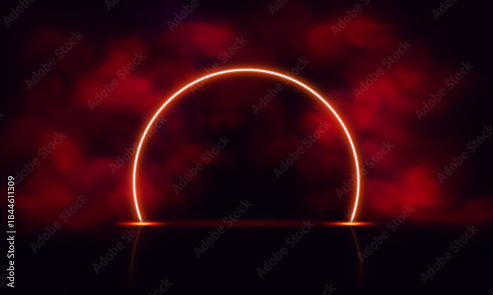 Fototapeta premium Round frame, neon, glowing, with red smoke effect and reflection on black isolated background.