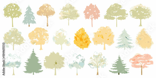 A colorful collection of stylized trees in varying shapes and shades