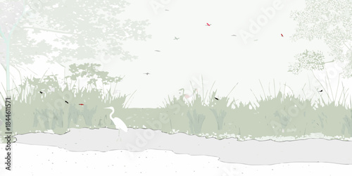 A serene watercolor scene depicting a heron and flying birds in nature