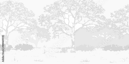 A grayscale landscape featuring trees and shrubbery in a misty setting