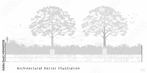 Minimalist landscape with trees and a textured ground in gray tones