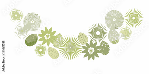 Abstract arrangement of green botanical elements in a curved decorative design