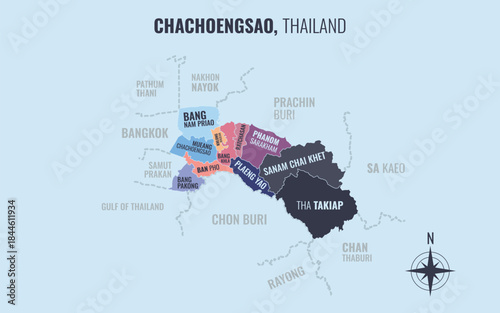 A map showing Chachoengsao Thailand divided into districts in a minimalist colorful style