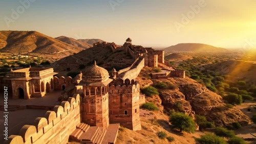 Aerial view of a majestic historic fort at sunrise surrounded by arid landscape and hills in India