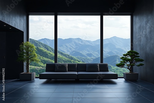 Minimalist living space with a panoramic mountain view and contemporary design