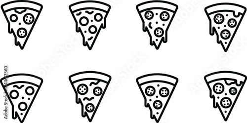 Eight delicious black and white outline icons depicting various styles of cheesy dripping pizza slices perfect for food apps