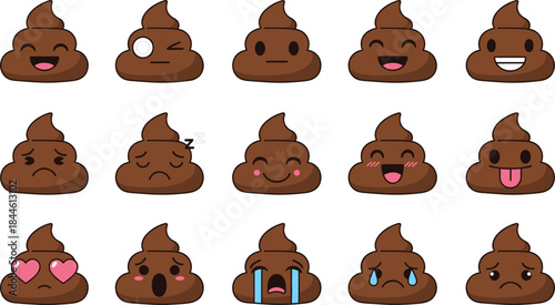 A comprehensive set of 15 expressive cartoon poop emojis, featuring various emotions like ha, and crying, designed in a cute brown pile vector style perfect for stickers, chat aand funny concepts