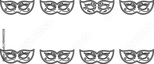 Eight black and white outline illustrations of elegant masquerade eye masks arranged in two horizontal rows for carnival design