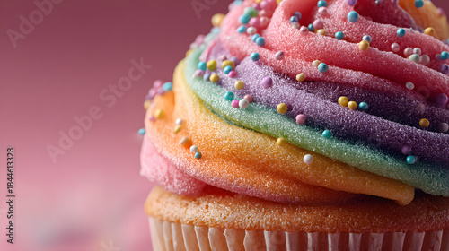 Rainbow cupcake zoomed in pink background for Valentine's Day, Birthday greeting copy space.