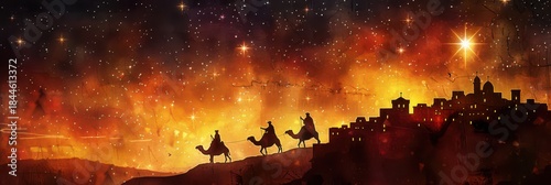 Epiphany celebration with three kings journey at night. Star of Bethlehem, or Christmas Star. Horizontal banner. Copy space. Three Kings Day. Watercolor illustartion