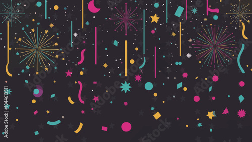 Festive Celebration with Colorful Fireworks and Confetti in Dark Night Sky