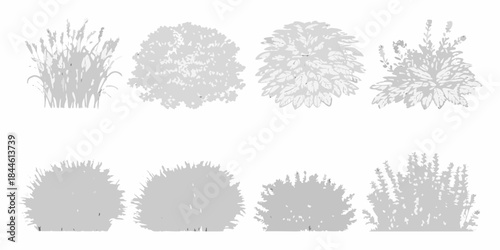 A collection of grayscale plant silhouettes showing diverse shrub and foliage shapes
