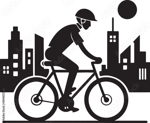 Cyclist commuting on an eco-bike through a modern