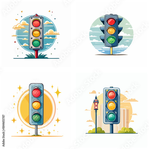Download Illustrated traffic signals set colorful vector images of stoplights depicting safety directions and regulations suitable for various visual projects