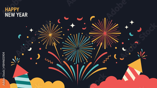 Vibrant New Year Celebration with Fireworks and Festive Decorations