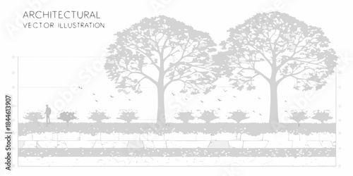 Architectural illustration featuring trees landscaping and a silhouetted figure