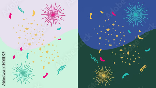 Colorful Surprise Fireworks Celebration with Party Streamers and Stars